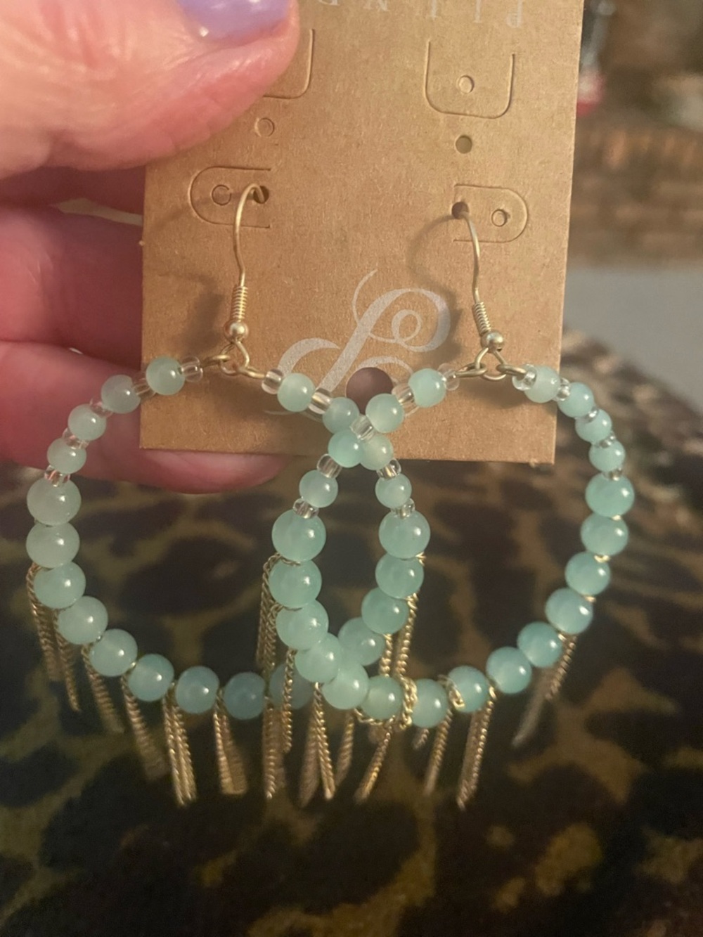Light Green Beaded Hoop Earrings with Gold Tassels - Women Jewelry